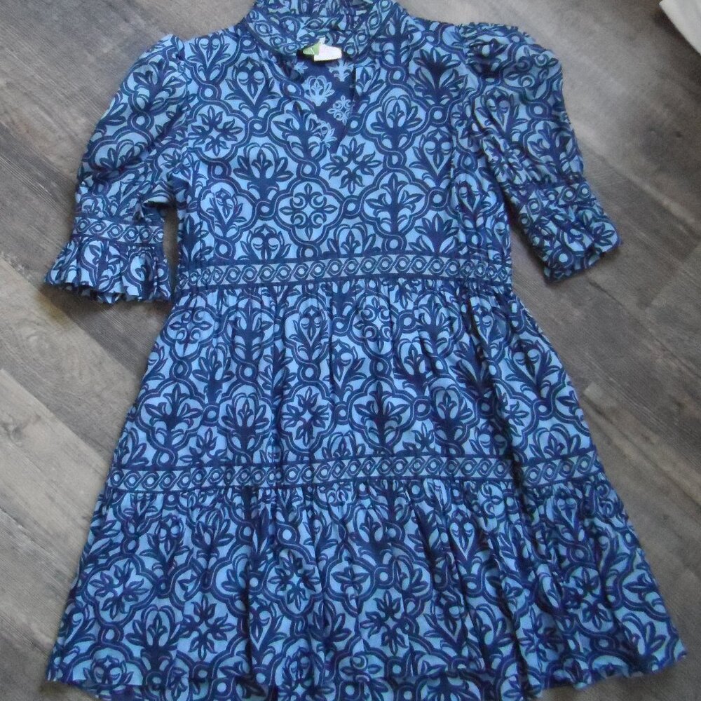 Gretchen Scott Cotton Dress Blue Print Ruffneck 3/4 sleeves Sz Med